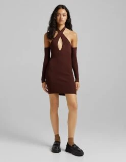 Bershka Halter Neck Detail Cut Out Mini Dress In Brown For Women -Chic Maze Sales 201408677 1 brown 1