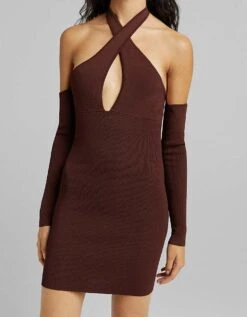 Bershka Halter Neck Detail Cut Out Mini Dress In Brown For Women -Chic Maze Sales 201408677 3