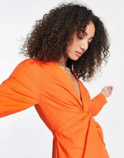 Bershka Twist Front Shirt Dress In Bright Orange For Women -Chic Maze Sales 201809633 2