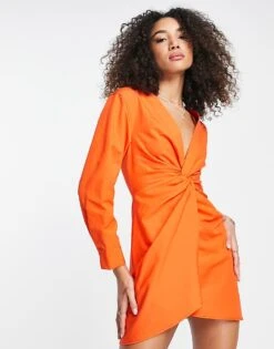 Bershka Twist Front Shirt Dress In Bright Orange For Women -Chic Maze Sales 201809633 3