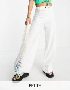 Bershka Petite Wide Leg Slouchy Dad Tailored Trousers In Off White For Women -Chic Maze Sales 202790525 1 offwhite 1