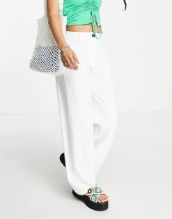 Bershka Petite Wide Leg Slouchy Dad Tailored Trousers In Off White For Women -Chic Maze Sales 202790525 4