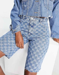 Bershka Embossed Logo Bermuda Shorts In Mid Blue For Women -Chic Maze Sales 203115195 1 blue 1