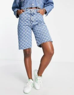 Bershka Embossed Logo Bermuda Shorts In Mid Blue For Women -Chic Maze Sales 203115195 3