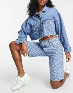 Bershka Embossed Logo Bermuda Shorts In Mid Blue For Women -Chic Maze Sales 203115195 4