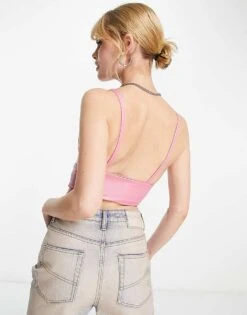 Bershka Faux Leather Corset Detail Crop Top In Pink For Women -Chic Maze Sales 203118248 2