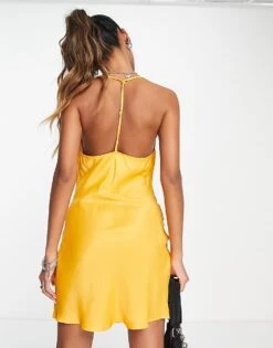 Bershka Ruched Side Cowl Neck Satin Mini Dress In Yellow For Women Orange -Chic Maze Sales 203118951 2