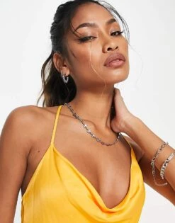 Bershka Ruched Side Cowl Neck Satin Mini Dress In Yellow For Women Orange -Chic Maze Sales 203118951 3