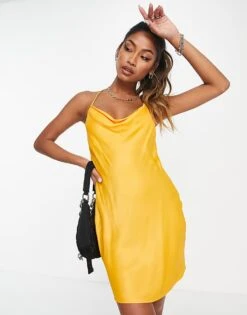 Bershka Ruched Side Cowl Neck Satin Mini Dress In Yellow For Women Orange -Chic Maze Sales 203118951 4