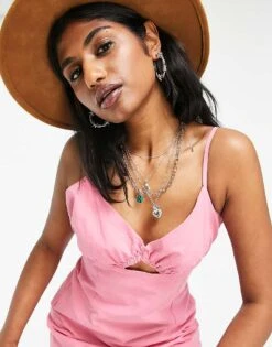 Bershka Ruched Tie Front Cami Mini Dress In Pink For Women Ecru -Chic Maze Sales 203178679 3