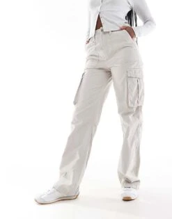 Bershka Straight Leg Cargo Trousers In Grey For Women -Chic Maze Sales 204286175 5