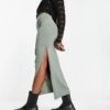 Bershka Ribbed Midaxi Skirt In Khaki For Women -Chic Maze Sales 204606037 1 khaki