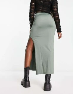 Bershka Ribbed Midaxi Skirt In Khaki For Women -Chic Maze Sales 204606037 2