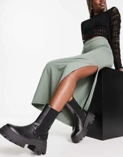 Bershka Ribbed Midaxi Skirt In Khaki For Women -Chic Maze Sales 204606037 4