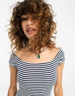 Bershka Short Sleeve Bardot Mini Dress In Blue And White Stripe For Women Blue & White Stripe -Chic Maze Sales 204739813 2