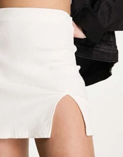 Bershka Ribbed Notch Front Mini Skirt In Ecru For Women Neutral -Chic Maze Sales 204918070 3