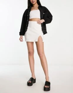 Bershka Ribbed Notch Front Mini Skirt In Ecru For Women Neutral -Chic Maze Sales 204918070 4