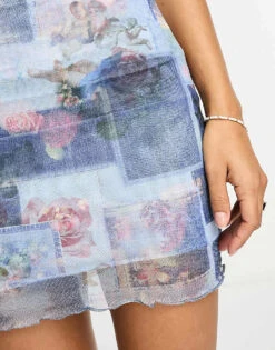 Bershka Mesh Denim Print Mini Skirt Co-ord In Blue For Women -Chic Maze Sales 205047614 2