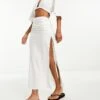 Bershka Ruched Split Side Linen Midi Skirt In White For Women -Chic Maze Sales 205151619 1 white