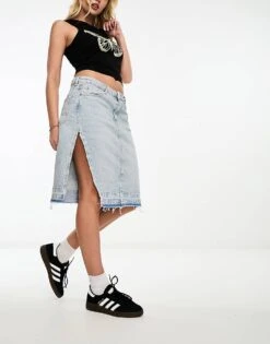 Bershka Raw Hem Knee Length Denim Skirt In Light Blue Wash For Women -Chic Maze Sales 205332806 1 blue 1