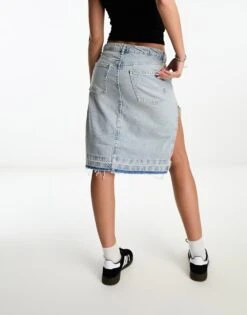 Bershka Raw Hem Knee Length Denim Skirt In Light Blue Wash For Women -Chic Maze Sales 205332806 2
