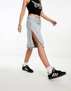 Bershka Raw Hem Knee Length Denim Skirt In Light Blue Wash For Women -Chic Maze Sales 205332806 3
