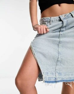 Bershka Raw Hem Knee Length Denim Skirt In Light Blue Wash For Women -Chic Maze Sales 205332806 4