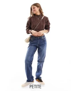 Bershka Petite Straight Leg Jeans In Indigo Wash For Women Grey