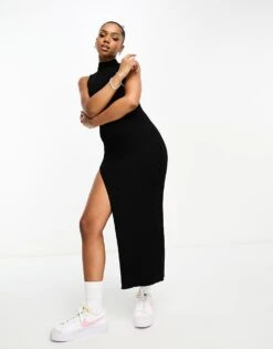 Bershka High Neck Knitted Midi Dress In Black For Women -Chic Maze Sales 205450106 1 black 1