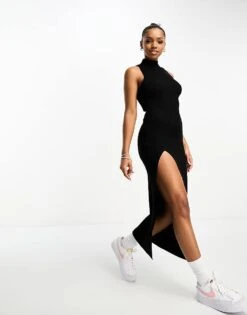 Bershka High Neck Knitted Midi Dress In Black For Women -Chic Maze Sales 205450106 4
