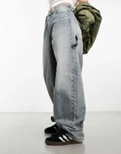 Bershka Adjustable Waist Carpenter Jeans In Light Dirty Wash Blue For Women -Chic Maze Sales 205450146 3