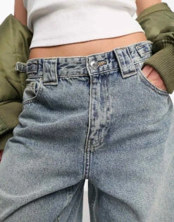 Bershka Adjustable Waist Carpenter Jeans In Light Dirty Wash Blue For Women -Chic Maze Sales 205450146 4
