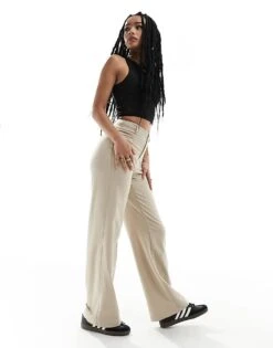 Bershka Petite Wide Leg Slouchy Dad Tailored Trousers In Camel For Women -Chic Maze Sales 205641391 2