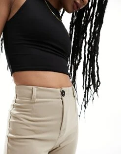 Bershka Petite Wide Leg Slouchy Dad Tailored Trousers In Camel For Women -Chic Maze Sales 205641391 3