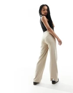 Bershka Petite Wide Leg Slouchy Dad Tailored Trousers In Camel For Women -Chic Maze Sales 205641391 4