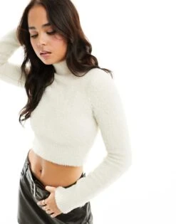 Bershka Fluffy Knit High Neck Jumper In Beige For Women Neutral -Chic Maze Sales 205822351 1 neutral 1