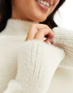 Bershka Fluffy Knit High Neck Jumper In Beige For Women Neutral -Chic Maze Sales 205822351 2