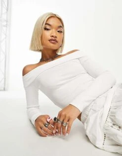 Bershka Bardot Soft Touch Long Sleeve Top Co-ord In White For Women -Chic Maze Sales 205831643 1 white 1