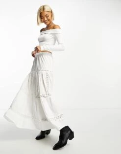 Bershka Bardot Soft Touch Long Sleeve Top Co-ord In White For Women -Chic Maze Sales 205831643 2