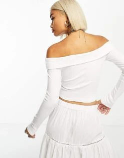 Bershka Bardot Soft Touch Long Sleeve Top Co-ord In White For Women -Chic Maze Sales 205831643 4