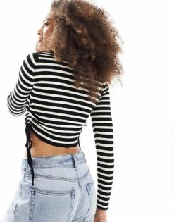 Bershka Ruched Side Knitted Top In Black & White Stripe For Women -Chic Maze Sales 206074267 4