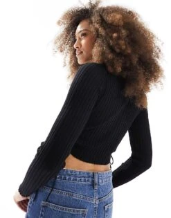 Bershka Cut Out Side Knitted Polo Top In Black For Women -Chic Maze Sales 206074441 4