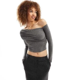 Bershka Fold Over Bardot Top In Charcoal For Women Grey -Chic Maze Sales 206198119 1 grey 1