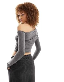 Bershka Fold Over Bardot Top In Charcoal For Women Grey -Chic Maze Sales 206198119 2