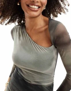 Bershka Asymetric Mesh Mini Dress In Grey Ombre For Women -Chic Maze Sales 206199681 3