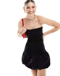 Bershka Bandeau Puffball Hem Mini Dress In Black For Women -Chic Maze Sales 206349423 1 black 1