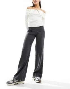 Bershka Crinkle Flared Trousers In Charcoal For Women -Chic Maze Sales 206349624 5