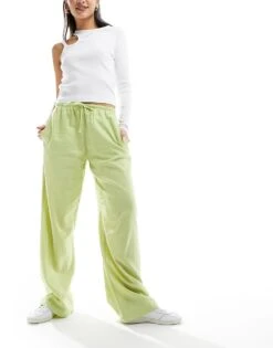 Bershka Tie Waist Wide Leg Linen Trousers In Pistachio For Women Green -Chic Maze Sales 206349632 2