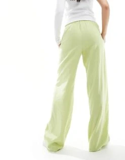 Bershka Tie Waist Wide Leg Linen Trousers In Pistachio For Women Green -Chic Maze Sales 206349632 3