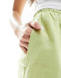 Bershka Tie Waist Wide Leg Linen Trousers In Pistachio For Women Green -Chic Maze Sales 206349632 4